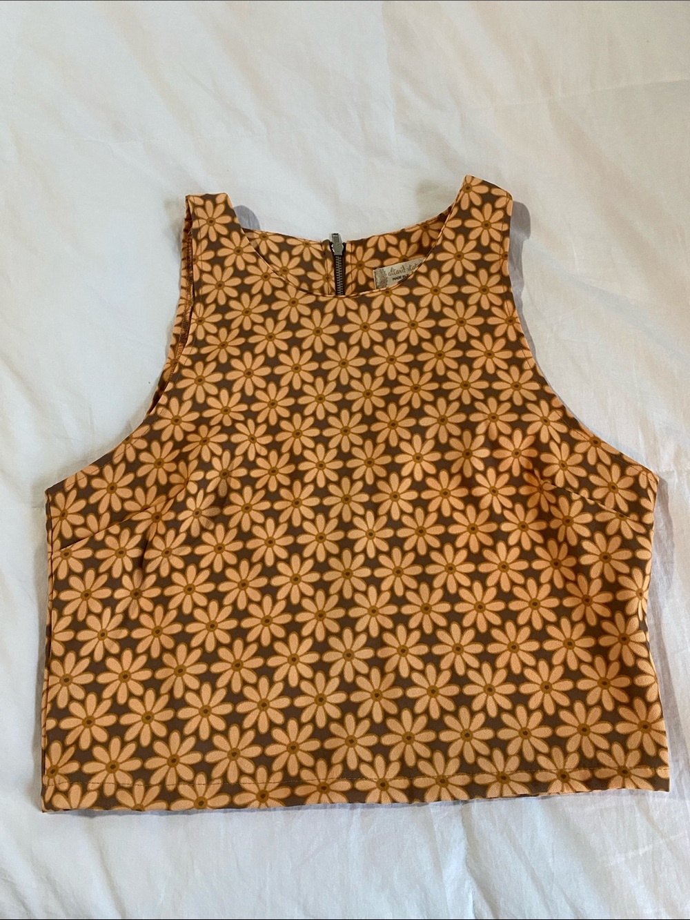 Floral Pattern Brown & Cream Sleeveless Crop Top